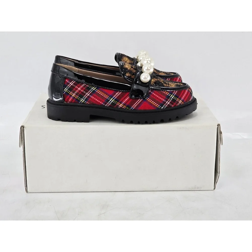 Betsey Johnson Harlo Loafers Kids 13 Red Plaid Leopard Pearl - Excellent